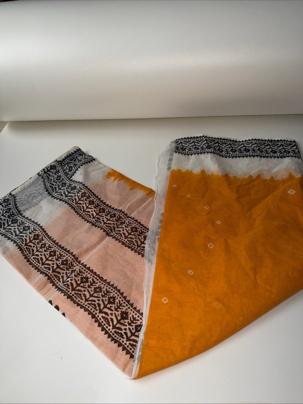 Lightweight Printed Scarf - Mustard & Black Indian Cotton Print Sari
